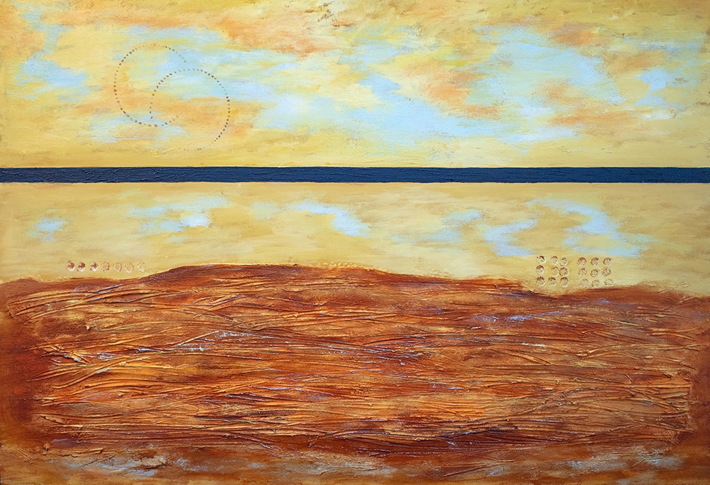 Contemporary abstract landscape in earthtones with rusty red texture