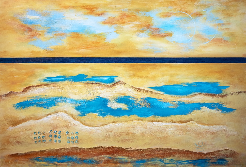 Contemporary abstract landscape in earthtones with turquoise accents