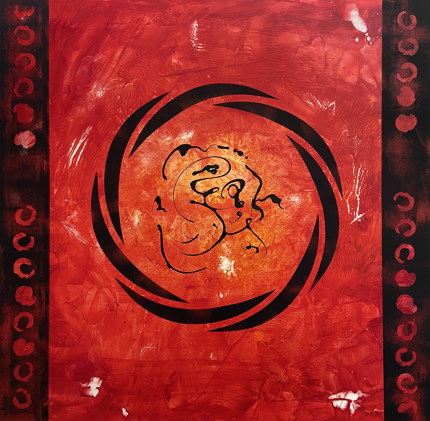 Abstract Painting with red colors and asian symbols