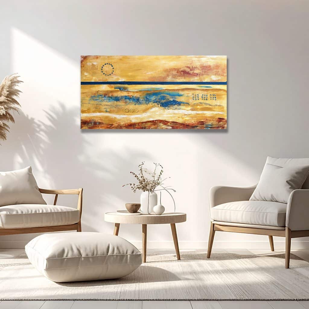 Abstract painting in sandy and earth tones referencing a southwestern landscape