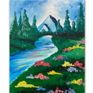 Painting of meandering river with mountain