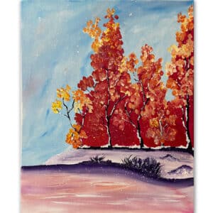 Painting of red trees in the snow
