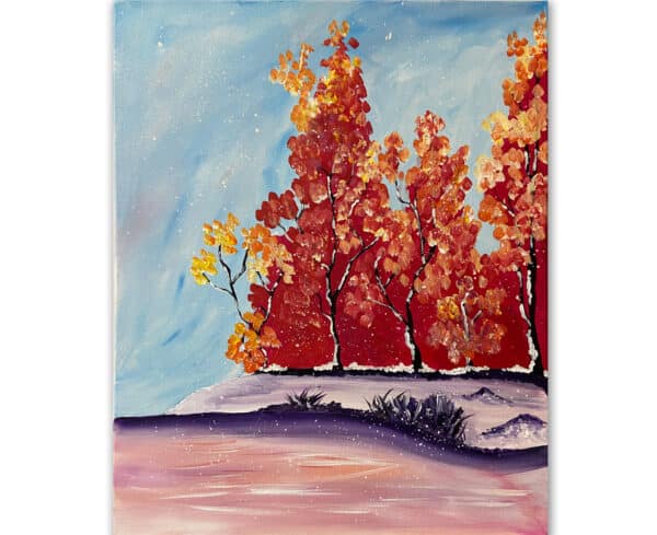 Painting of red trees in the snow