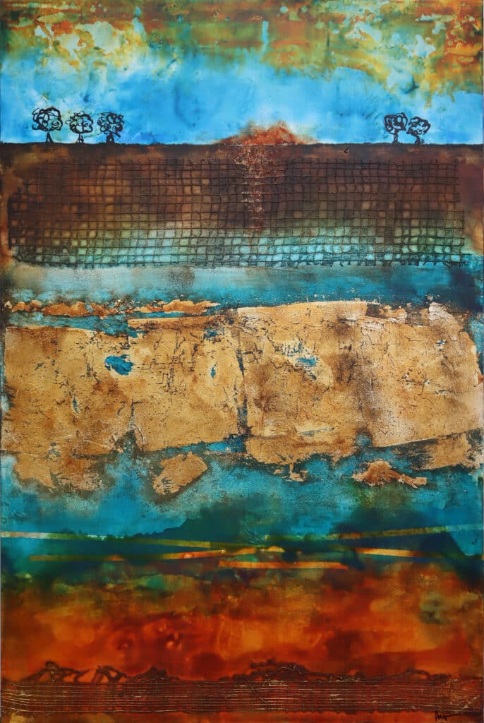 Abstract landscape painting in turquoise, earth tones and gold leaf