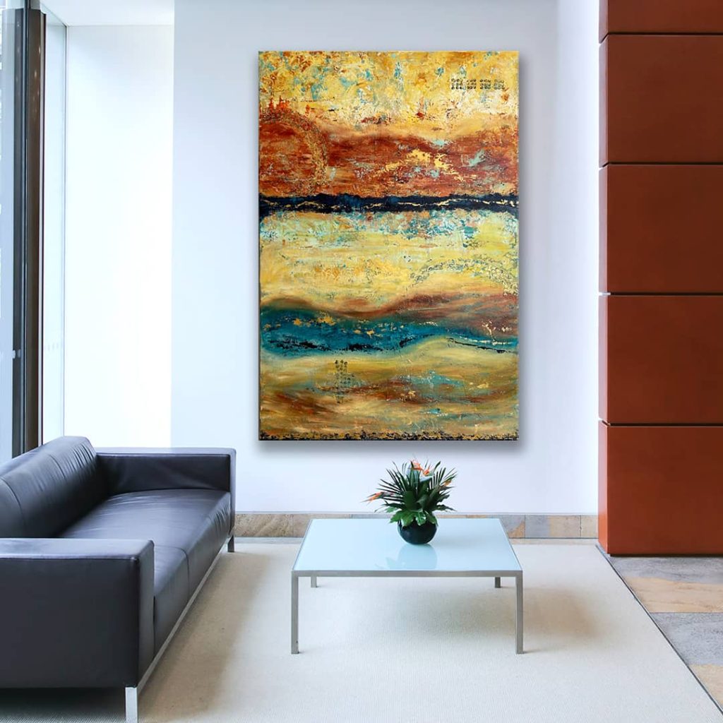 abstract landscape painting in sand and rust tones with turquoise accents in a modern living room